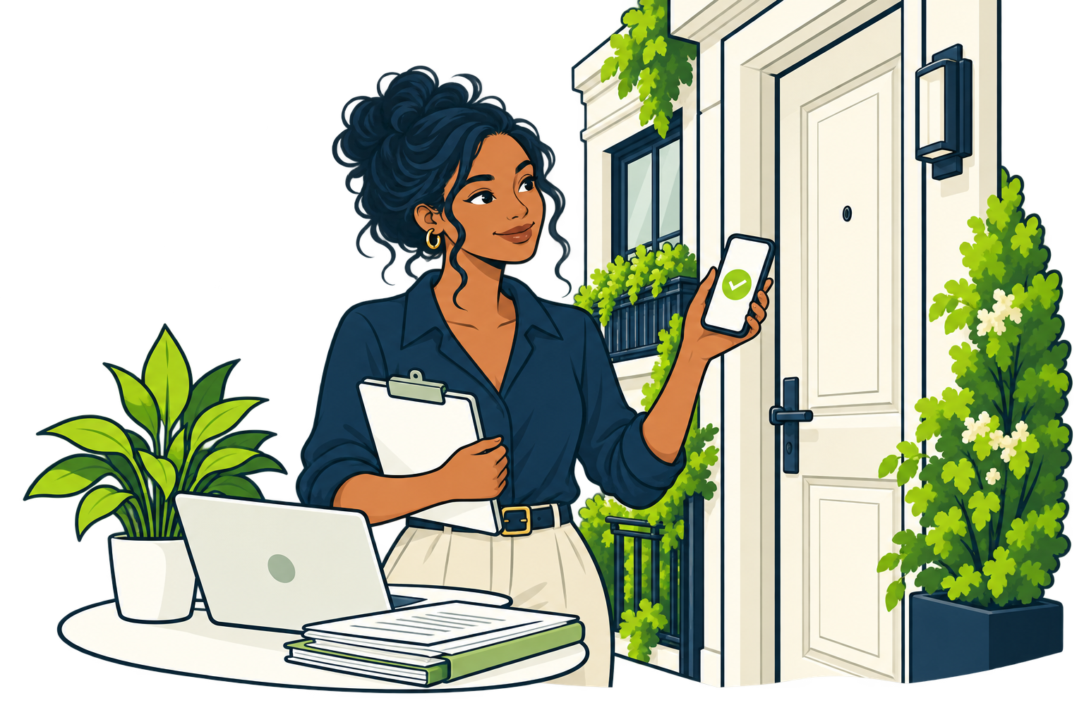 Une gestionnaire consulte son téléphone et une liste de contrôle pendant une visite de logement.