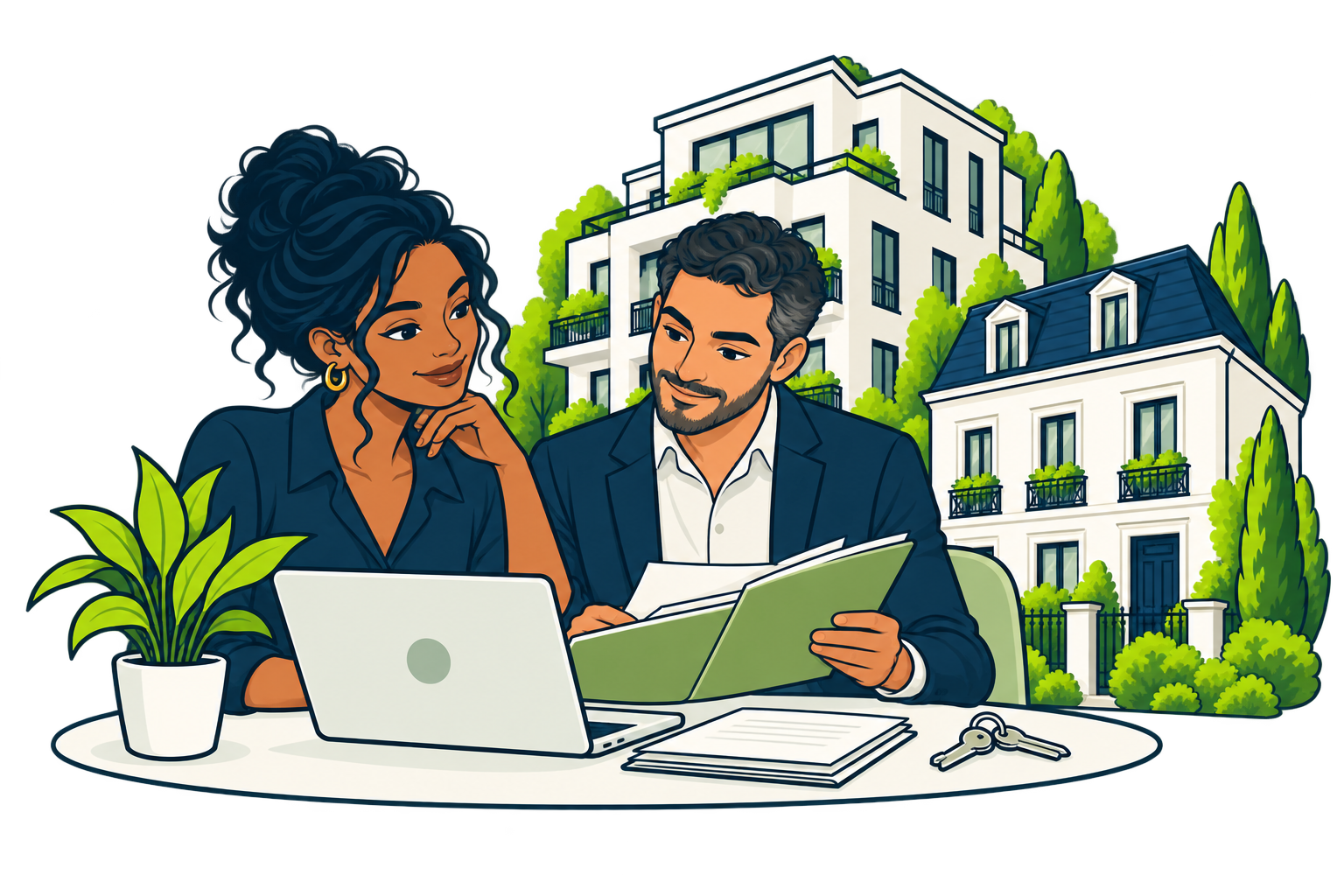 Une propriétaire et un gestionnaire consultent un dossier de location, entourés de logements.