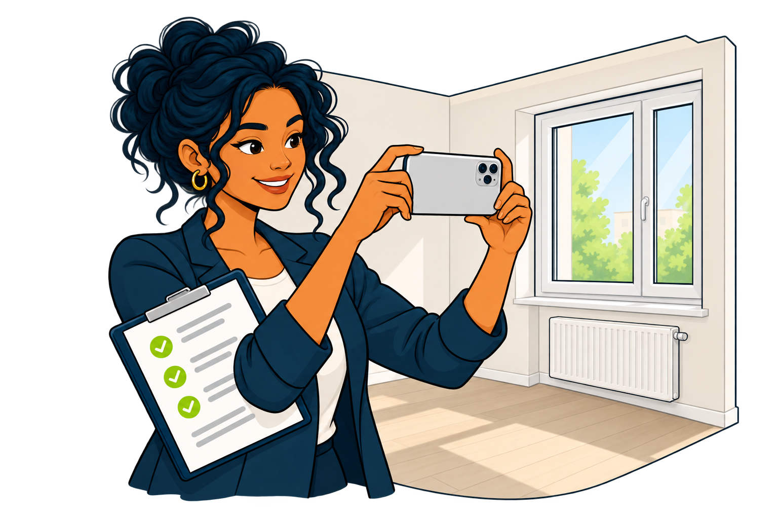 Une gestionnaire souriante photographie une pièce avec son téléphone pendant un état des lieux, avec une liste de contrôle à ses côtés.