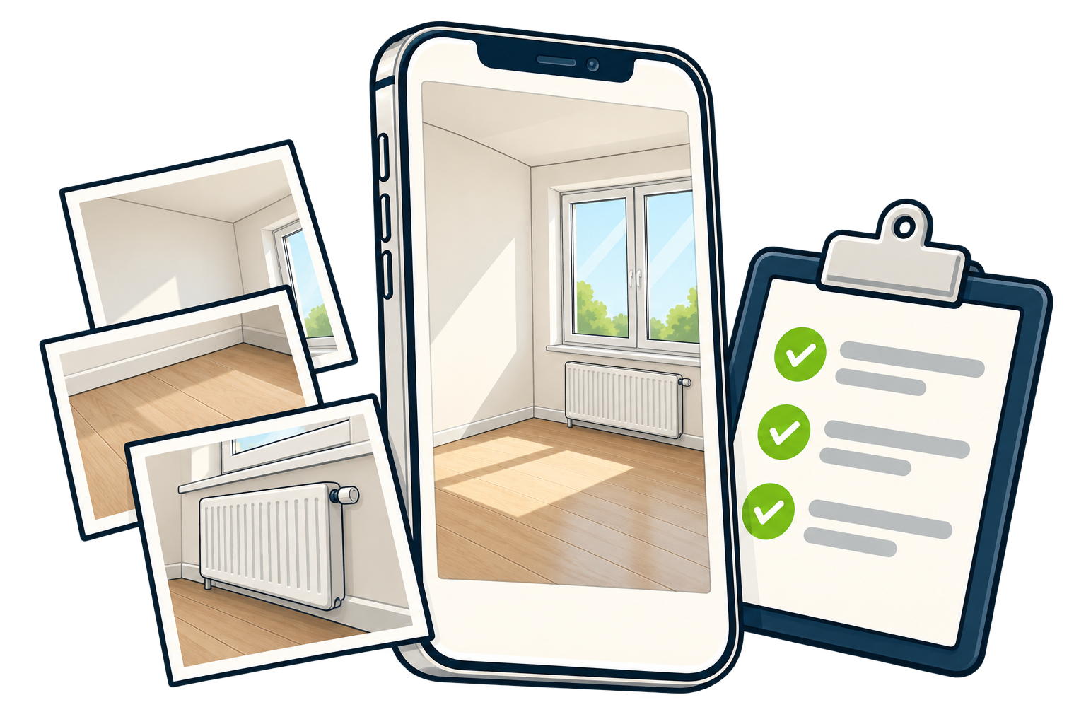Un smartphone présente la photo d’une pièce, accompagné de photos et d’une liste de contrôle d’état des lieux.