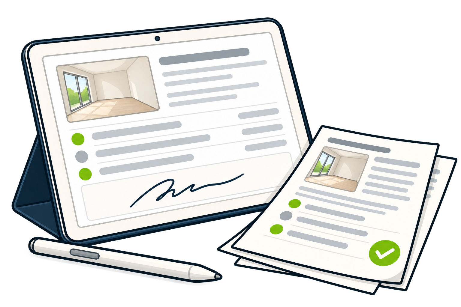 Une tablette avec une signature manuscrite abstraite, un stylet et un rapport illustrent la signature de l’état des lieux.