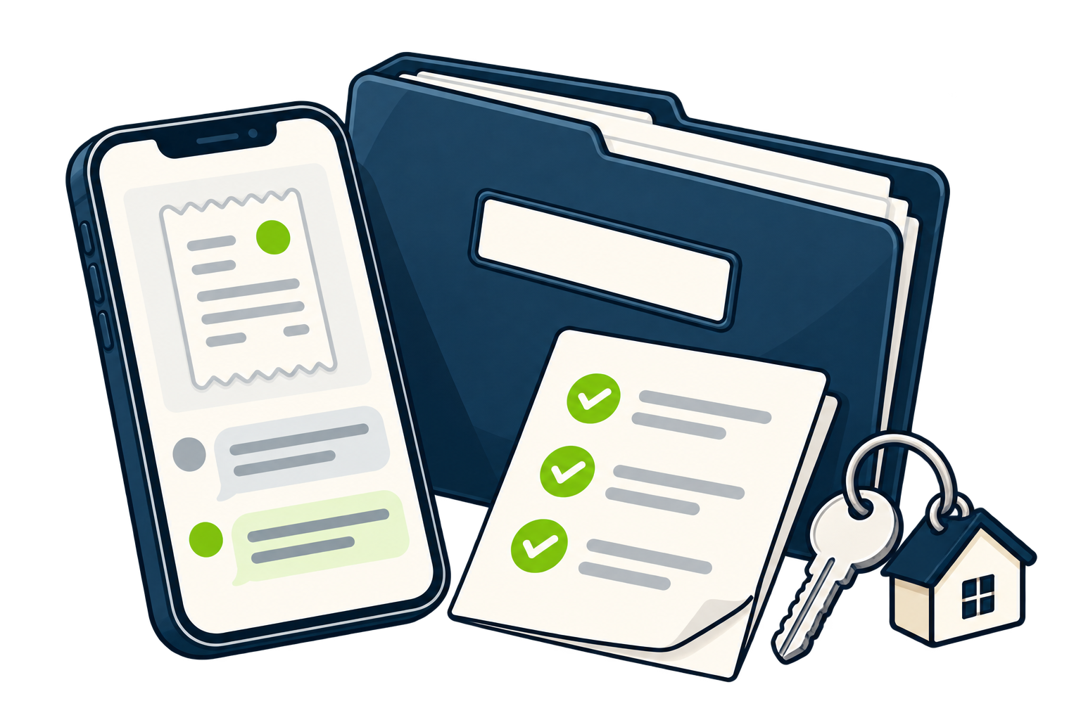 Un téléphone et un dossier illustrent les quittances, la messagerie et les demandes d’un locataire.