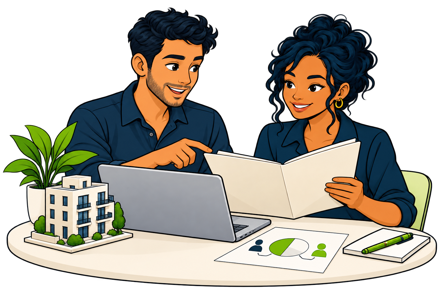 Two associates review a property folder and laptop together beside a model apartment building.