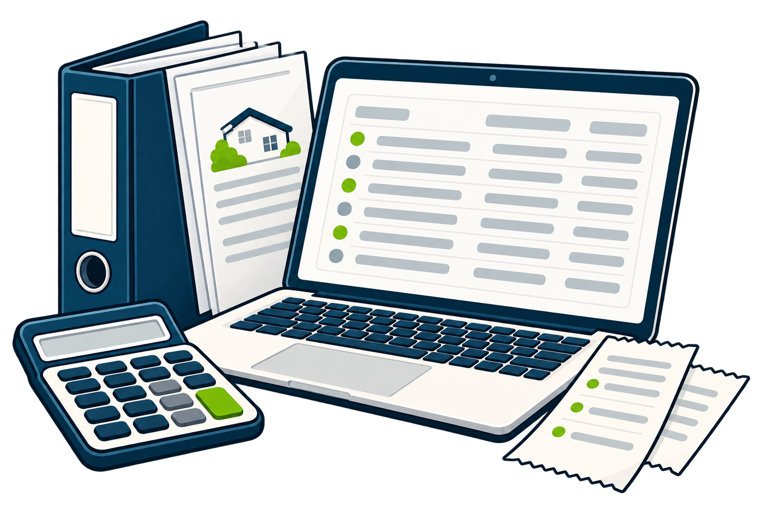 A binder, financial documents, calculator and computer illustrate a property company’s accounting records.