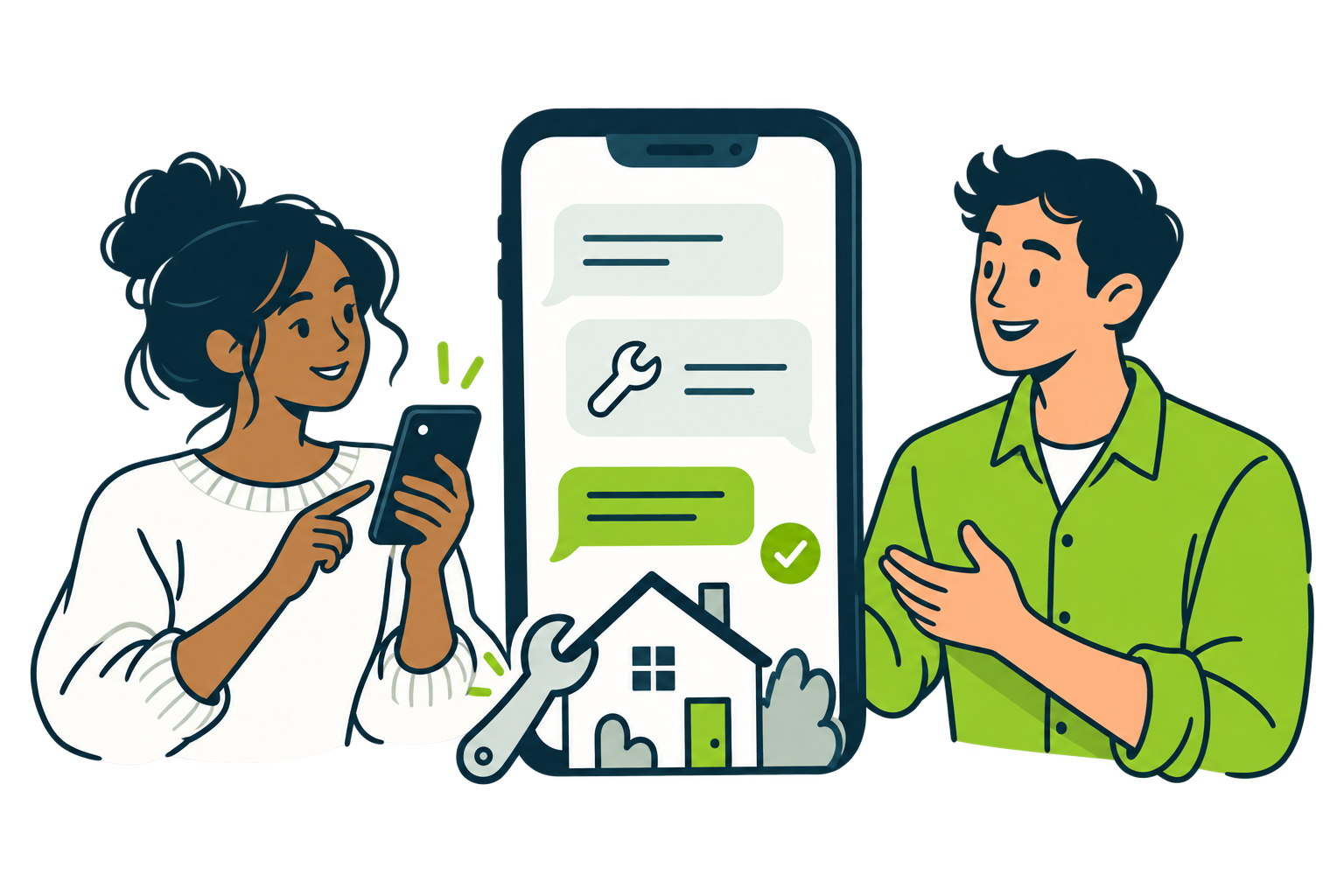 Une propriétaire et un locataire échangent via leur téléphone autour d’une demande de maintenance.