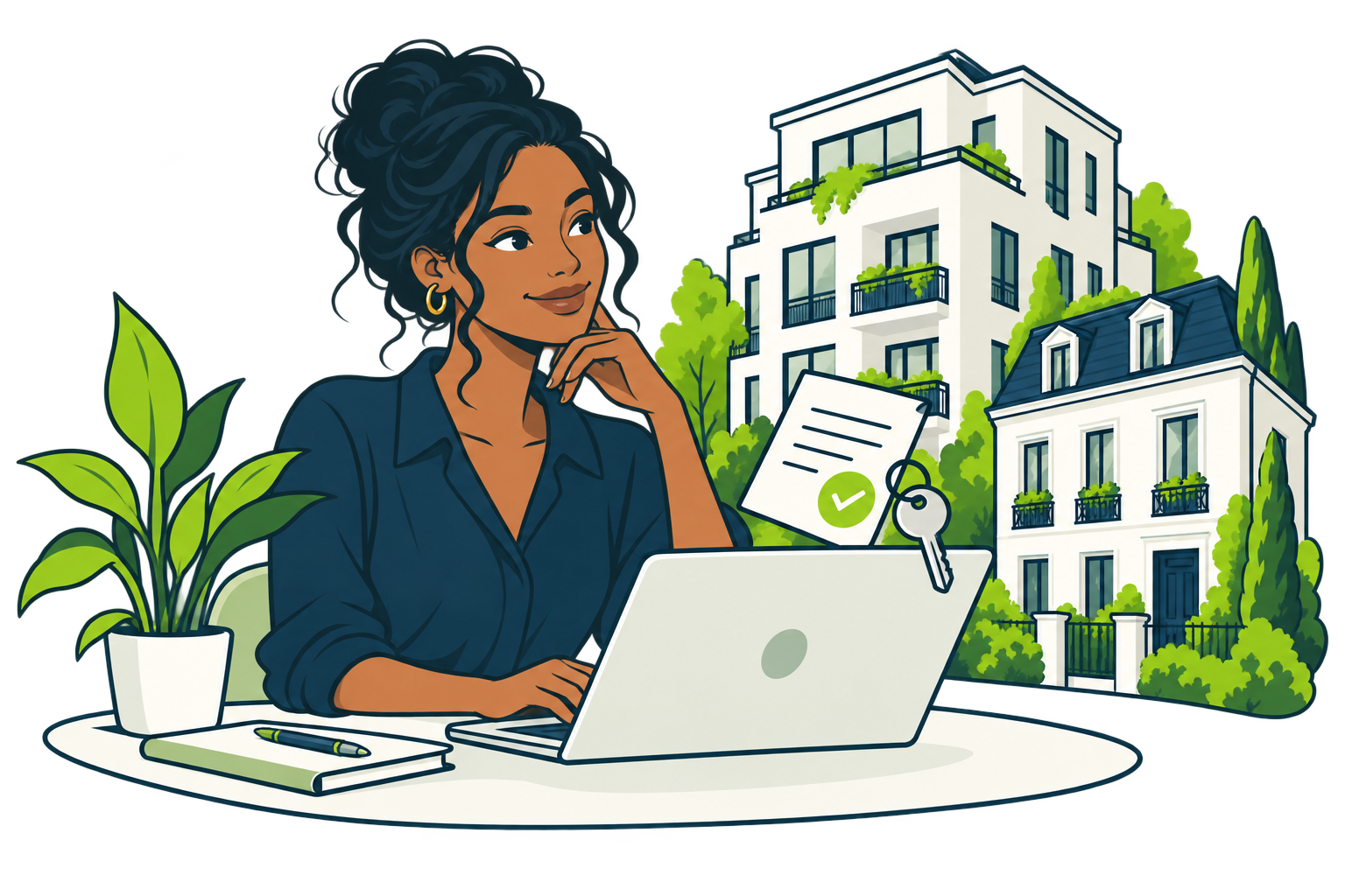 Une gestionnaire organise ses locations depuis son ordinateur, entourée de biens et de documents.