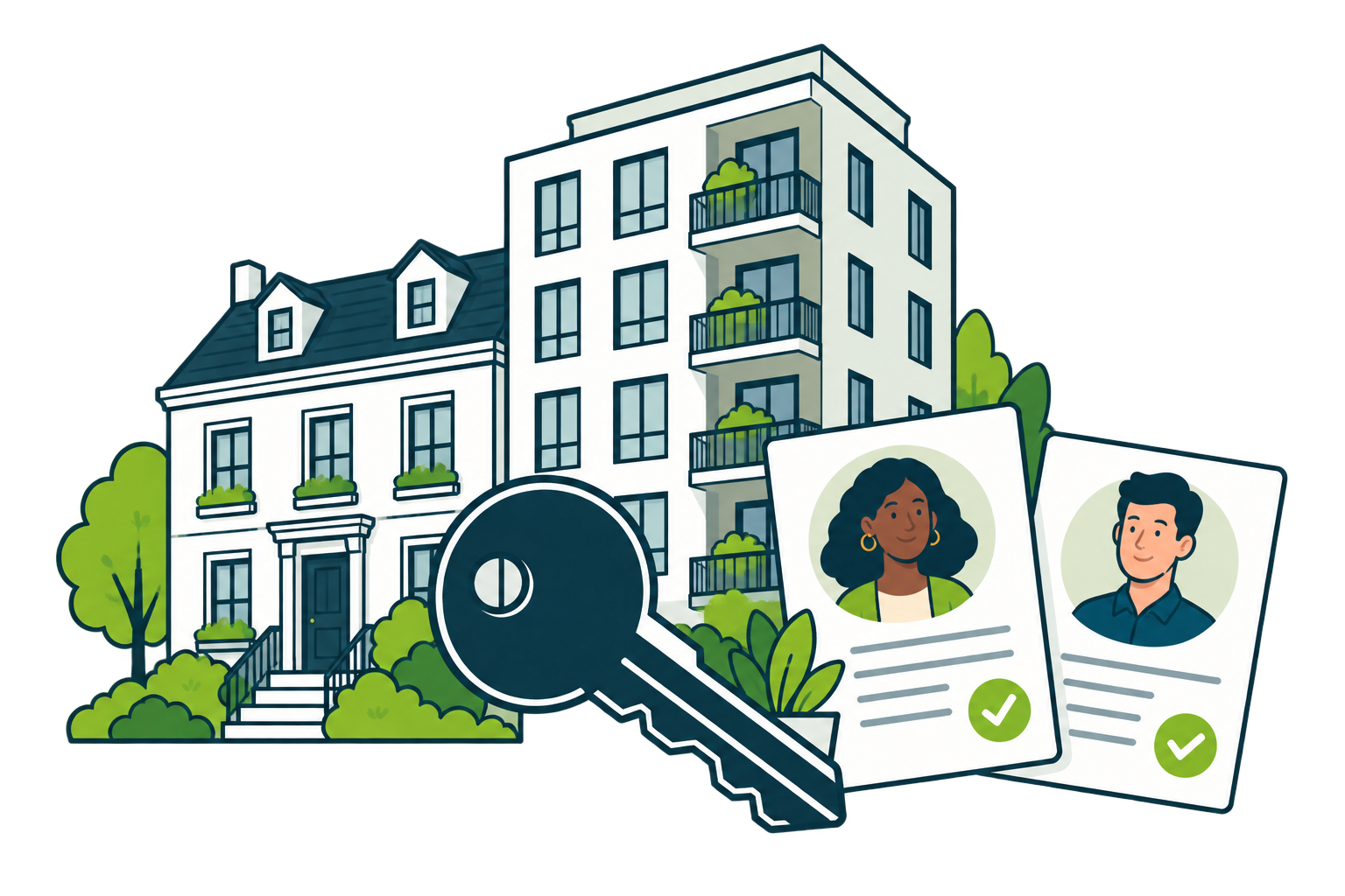 Une maison et un immeuble associés à des fiches de locataires et à une clé.