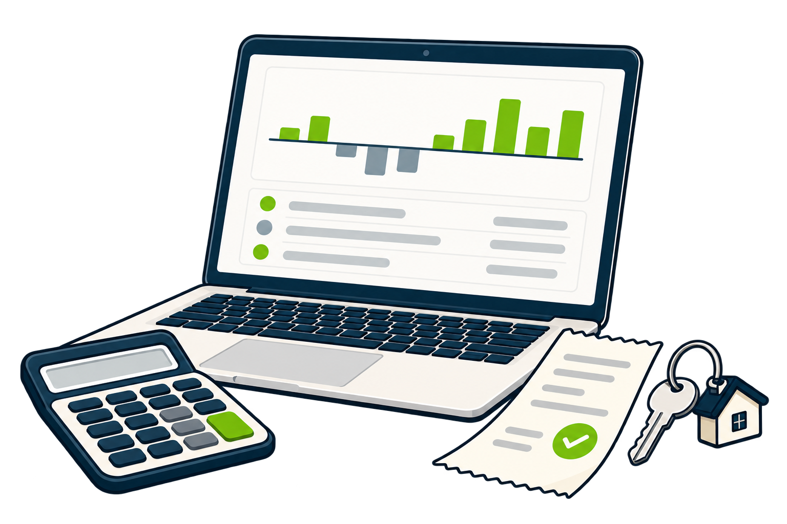 Un ordinateur, une calculatrice et une quittance illustrent le suivi financier des locations.