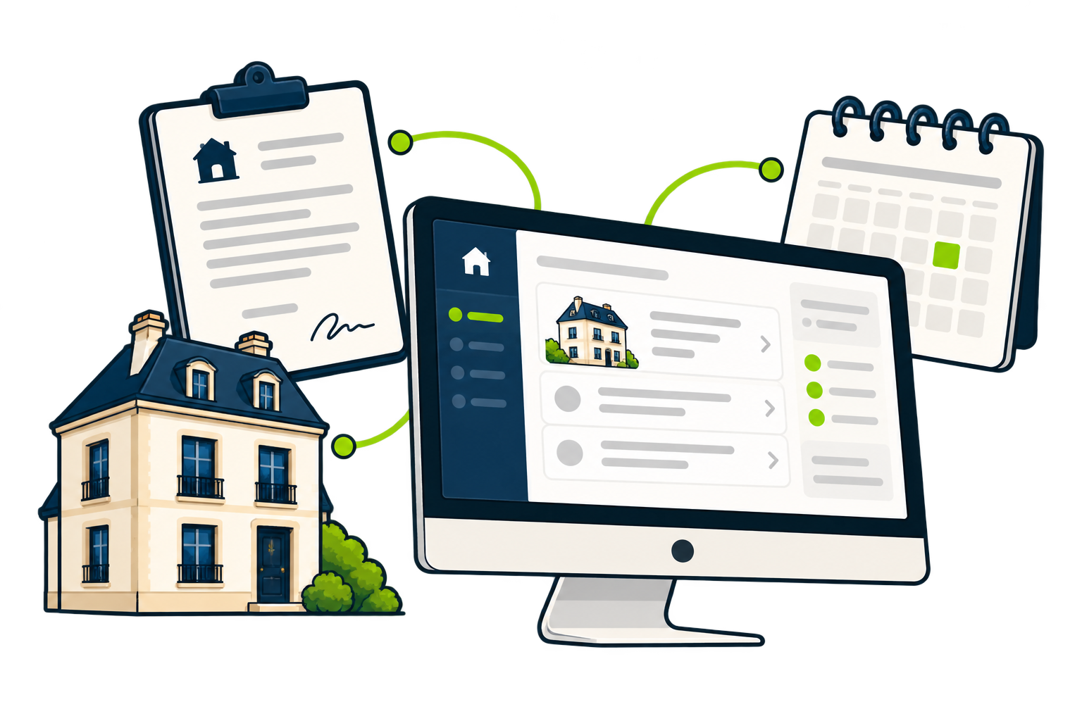 Un espace de gestion rassemble un bien immobilier, son bail et son calendrier.